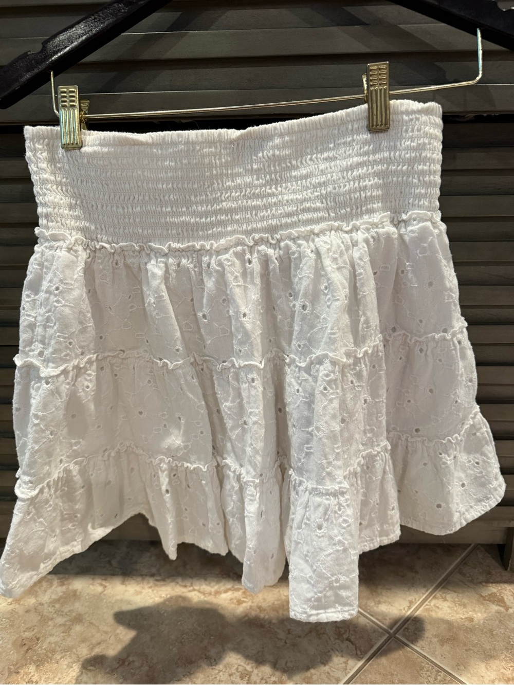 American Eagle Outfitters White Eyelet Smocked Tiered Mini Skirt